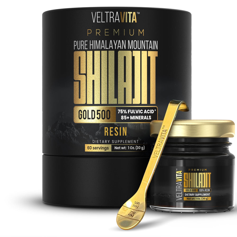 VeltraVita Shilajit Resin Gold jar shows pure Himalayan resin for daily energy.