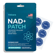 Velzara NAD+ patches pack closeup for convenient daily wellness.