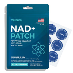Velzara NAD+ patches pack closeup for convenient daily wellness.