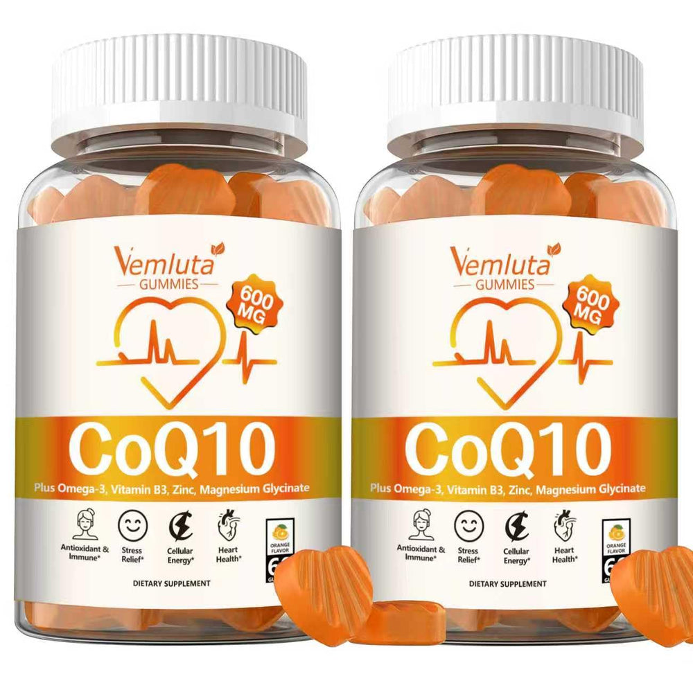 Vemluta 600mg CoQ10 gummies bottle showing label for easy daily energy support.