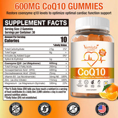 Vemluta CoQ10 gummies ingredients label highlights Omega-3 and magnesium for absorption.