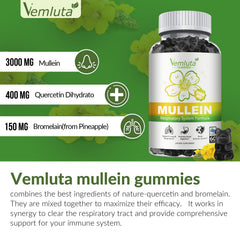 Vemluta gummies ingredients page showing mullein, quercetin, bromelain