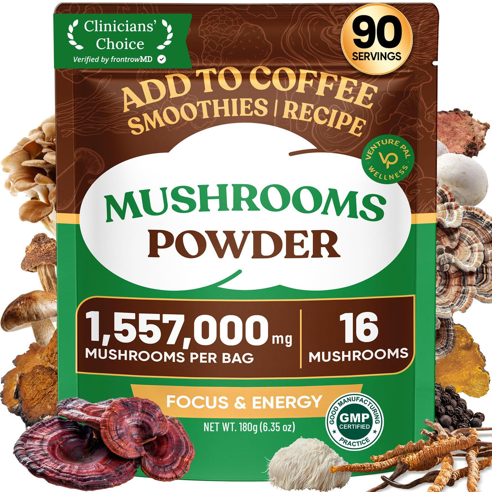 Venture Pal 16-in-1 mushroom powder bottle highlights daily wellness benefits