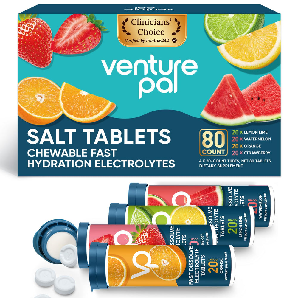 Venture Pal chews fast-melt electrolyte tablets in a bottle for quick hydration.