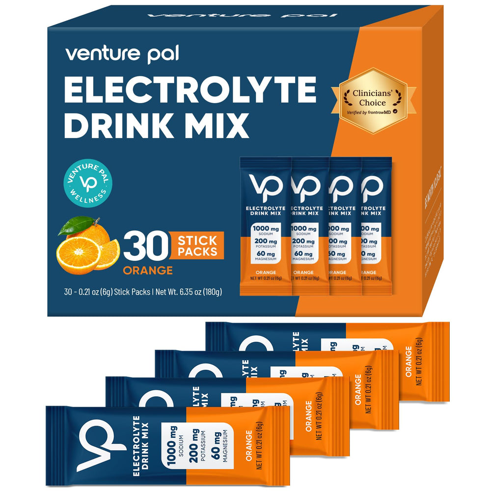 Venture Pal high-sodium electrolyte powder packet poured into water for hydration.