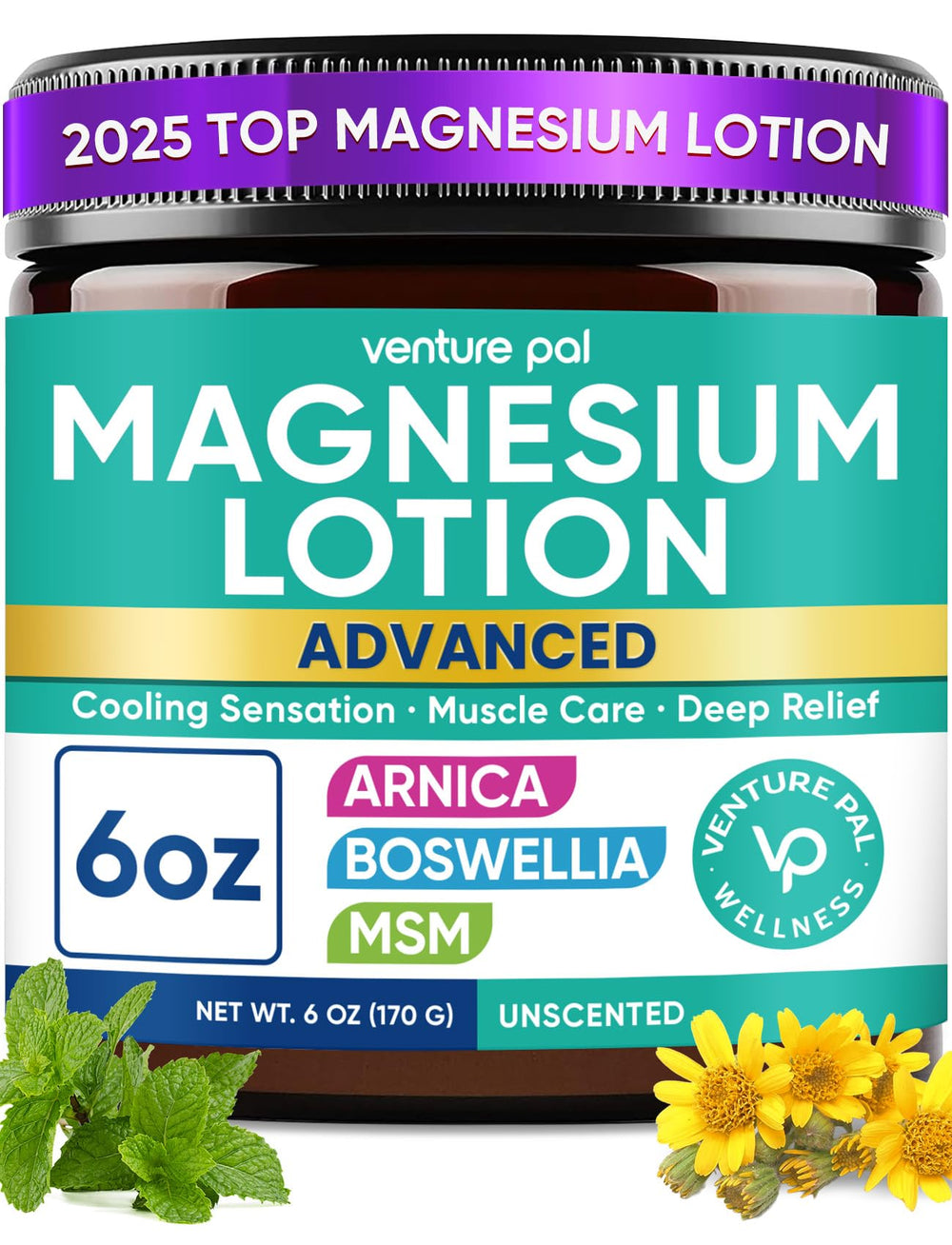 Venture Pal magnesium lotion with Arnica for cooling relief on legs and joints.