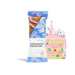 Chewy texture close-up showcases real-food ingredients and festive Birthday Cake flavor