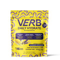 Verb Daily Hydrate lavender-lemonade packet being poured for quick hydration