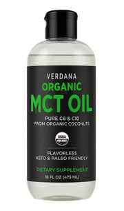 Verdana Organic MCT Oil bottle shows pure C8 and C10 MCTs.