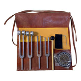 Verveens tuning forks healing set displayed with activator and leather pouch for meditative practice.