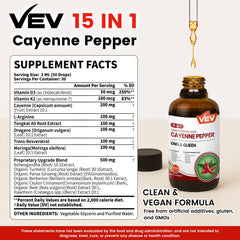 VEV 15-in-1 cayenne drops dropper delivering a precise dose for daily use