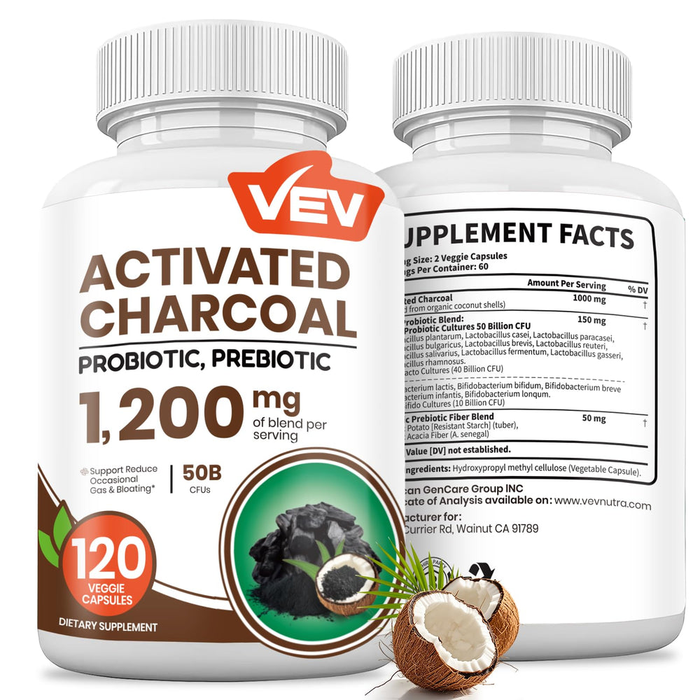 VEV Activated Charcoal organic coconut shell bottle for digestive support.