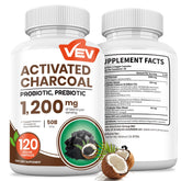 VEV Activated Charcoal organic coconut shell bottle for digestive support.