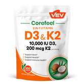 VEV Corefeel D3 K2 bottle front view, 300 capsules for daily bone support