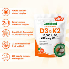 VEV Corefeel D3 K2 capsules close-up, smooth and easy-to-swallow