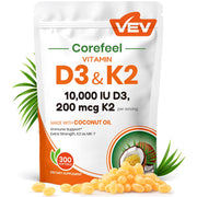 VEV Corefeel D3 K2 softgel bottle highlights high-potency D3 and MK-7 for bone health.