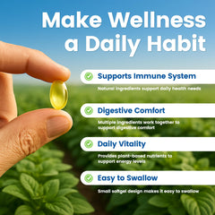 VEV oregano oil bottle with two softgels at once illustrating daily dosage