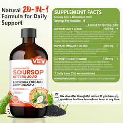 VEV Soursop Bitters bottle close-up on label, highlighting a 20-in-1 wellness formula.