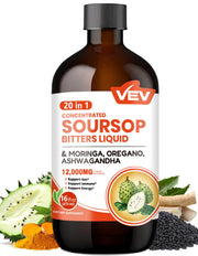 VEV Soursop Bitters bottle being poured, supporting daily wellness with a sugar-free blend.