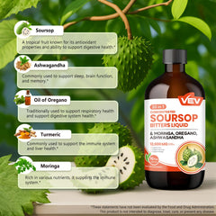 VEV Soursop Bitters measuring spoon with 2-tablespoon servings for daily routine.