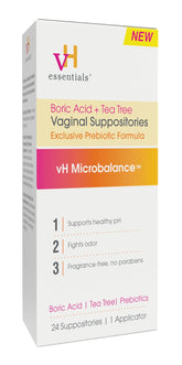 vH essentials boric acid tea tree suppositories packshot promoting pH balance and freshness