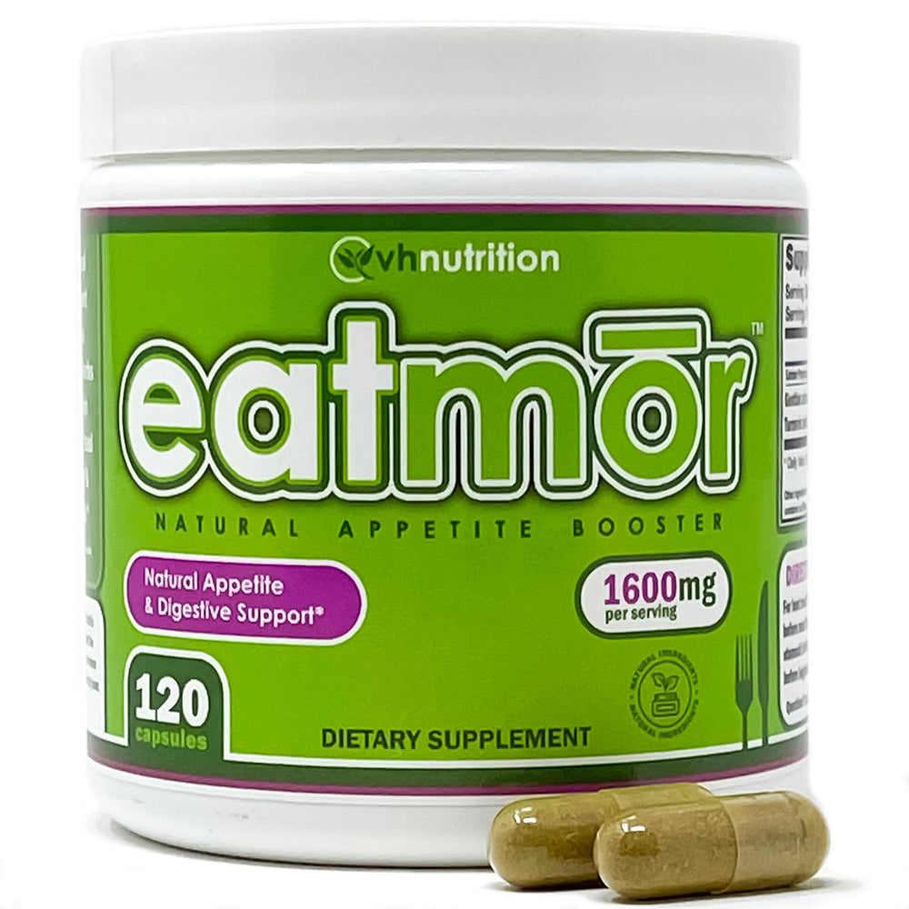 VH Nutrition Eatmor bottle cap and easy-to-swallow capsules for daily appetite support.