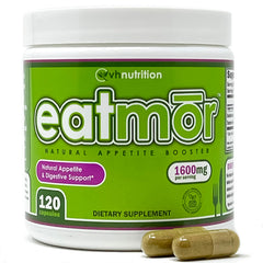 VH Nutrition Eatmor bottle cap and easy-to-swallow capsules for daily appetite support.