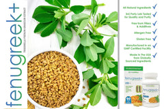VH Nutrition Fenugreek+ label detail showcases natural ingredients and gluten-free promise.