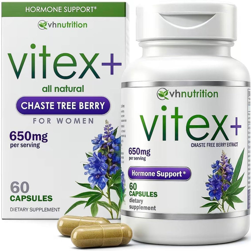 VH Nutrition VITEX+ bottle and capsules for daily hormonal balance.