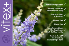 VH Nutrition VITEX+ label close-up showing 650 mg per serving.