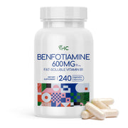VHC Benfotiamine 600mg bottle pour for daily wellness.
