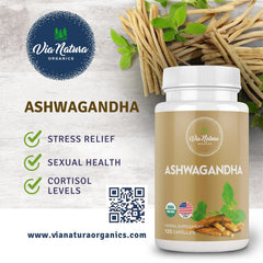 Via Natura Organics Ashwagandha 120-count bottle visible for daily routine.