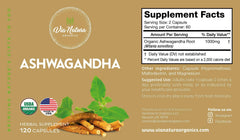 Via Natura Organics Ashwagandha capsules label close-up highlighting organic ingredients.