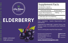 Via Natura Organics elderberry bottle label highlights organic, non-GMO ingredients