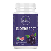 Via Natura Organics elderberry capsules bottle shows a 120-count container for daily use