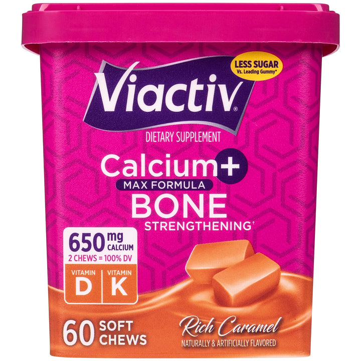 Viactiv caramel soft chews shown for daily calcium and vitamin D3 support