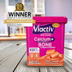 Viactiv milk chocolate soft chews displayed for bone health and flavor