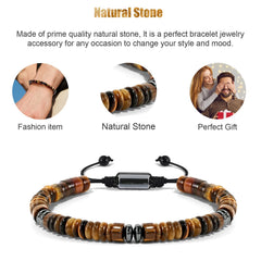VIBILIA adjustable bracelet featuring tiger eye and stainless steel accents, fits 7.1 to 11.8 inches.