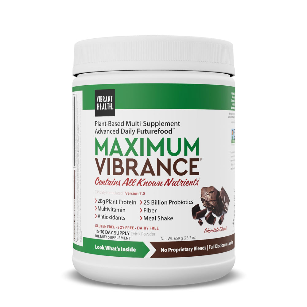 Vibrant Health Maximum Vibrance chocolate chunk powder ready to mix for a protein-rich boost.