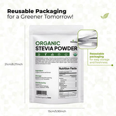 Viccoky stevia powder bottle label highlights pure organic sweetness with no additives