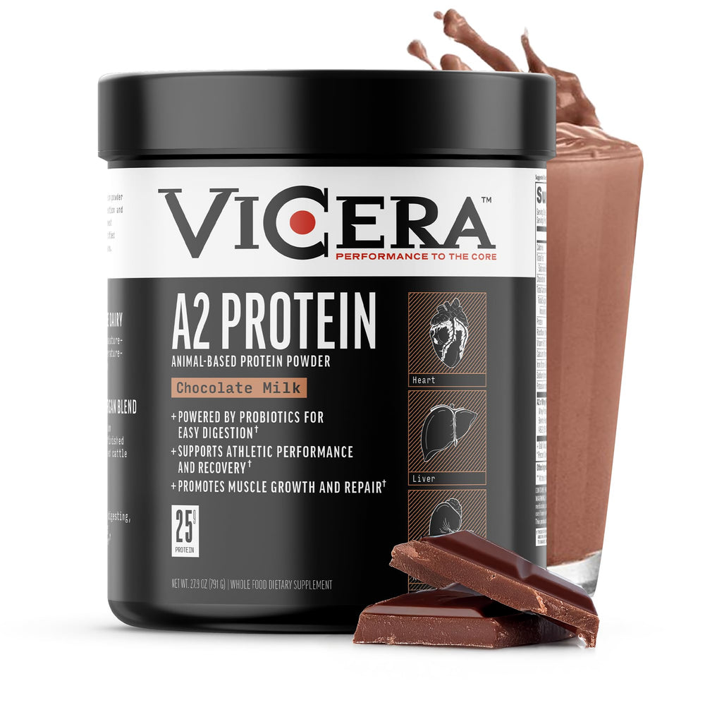 Vicera A2 Protein Powder chocolate milk tub shows a protein-packed serving for daily fueling.