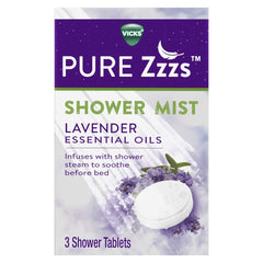 Vicks Pure Zzzs lavender-shower-tablets releasing calming steam in the shower