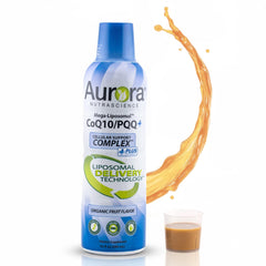 Vida Lifescience Aurora bottle label highlights liposomal CoQ10 and PQQ for energy support