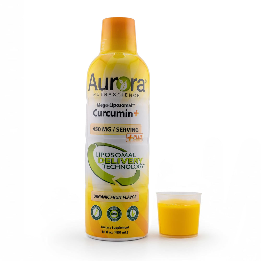 Vida Lifescience Aurora Curcumin bottle pours, highlighting high-absorption liposomal formula for daily joint support