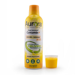 Vida Lifescience Aurora Curcumin bottle pours, highlighting high-absorption liposomal formula for daily joint support