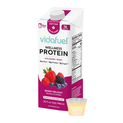 Vidafuel berry protein shot bottle shows 16g protein per serving.