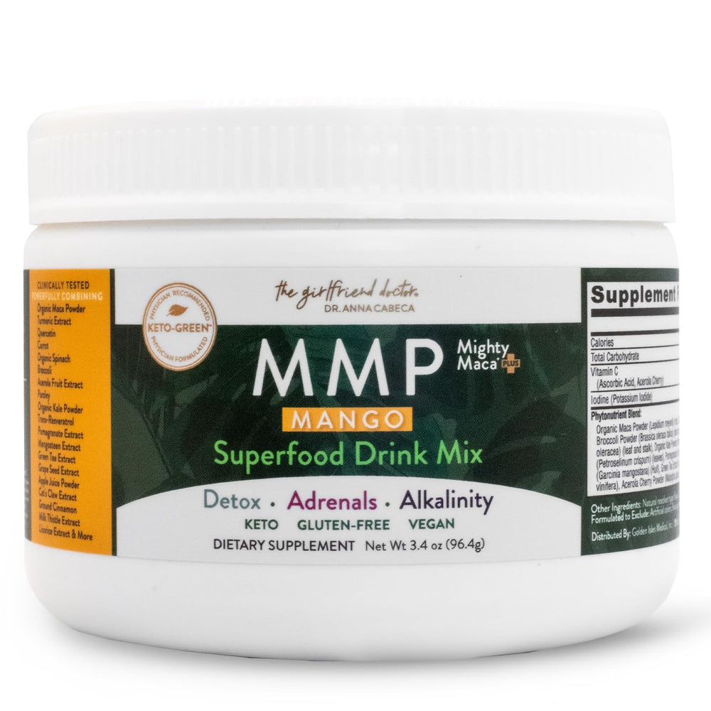 VIDAPURA Mighty Maca Plus Mango bottle showing sugar-free vegan greens for daily vitality.