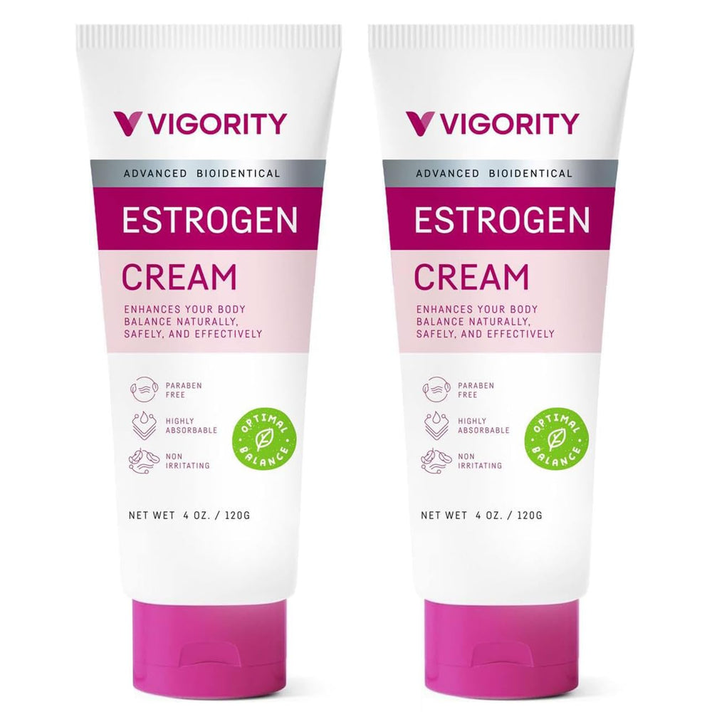 Vigority Estrogen Cream application showing a pea-size amount on skin for daily hydration