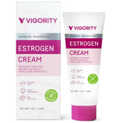 Vigority Estrogen Cream bottle with wild yam close-up for natural support.