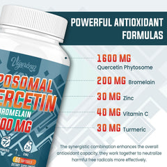 Vigorizar quercetin bromelain zinc vitamin c ingredients label highlights a potent antioxidant blend for wellness.